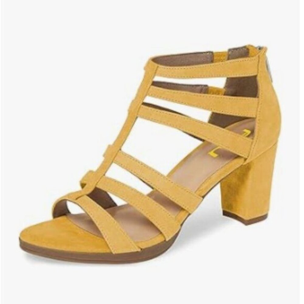 FSJ Yellow Chunky High Heel Sandals Open Toe T-Strap Cutout Back Zipper Shoes